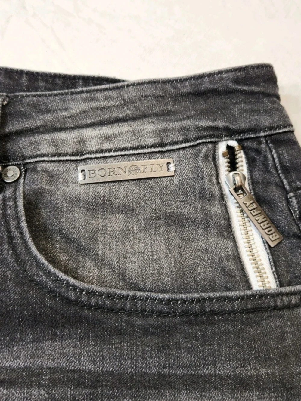 Born Fly Mens Size 36 Shorts Denim Distressed Cutout Patch Design Black Wash 04
